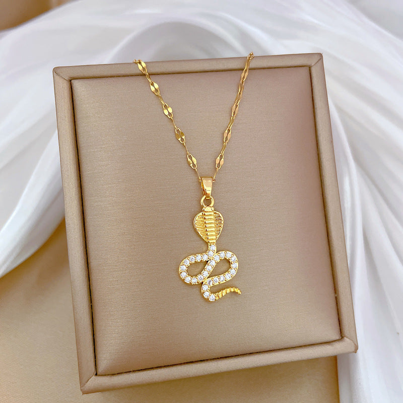 Luxury Snake-Shaped Rhinestone-Encrusted Titanium Steel Necklace for Women Delicate Clavicle Chain Geometric Design