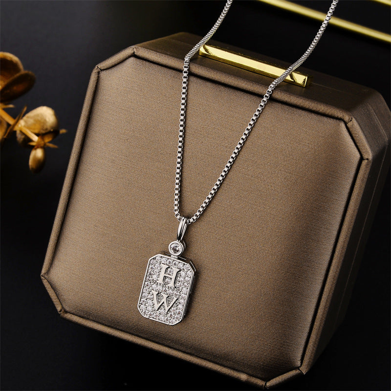 Minimalist Geometric HW Letter Pendant Necklace in Titanium Steel with Rhinestone Inlay and Plated Finish for Women