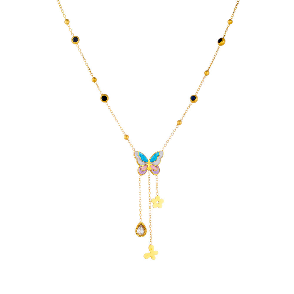 Fashionable Butterfly-Shaped Enamel Pendant Necklace with Stainless Steel Chain and Fringe Detail for Women