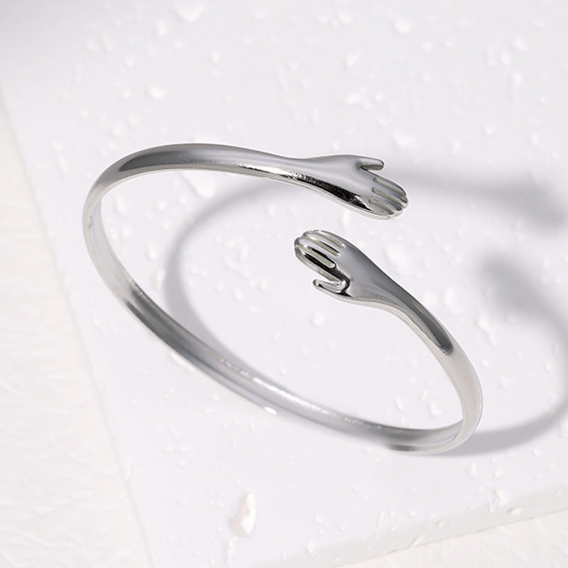 Minimalist Titanium Steel Open Bangle Bracelet with Palm Shape Design Electroplated Stainless Steel Jewelry for Women