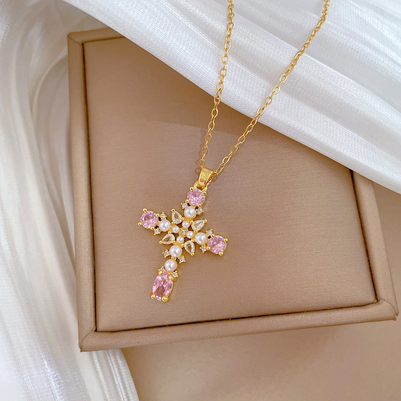 Minimalist Cross Pendant Necklace in Titanium Steel with Pearl Accents and Full Rhinestone Inlay for Women