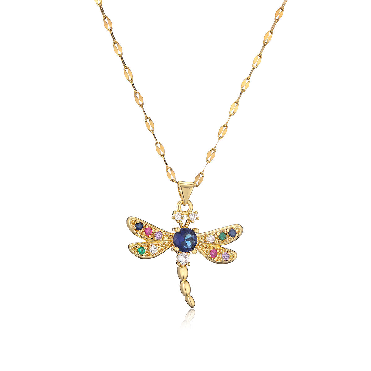 Collana pendente a libellula minimalista da donna in rame con placcatura in oro vero e intarsio di zirconi