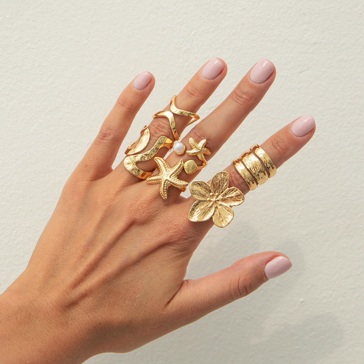 Anello aperto in lega vintage da donna con girasole geometrico e stella, con finitura placcata