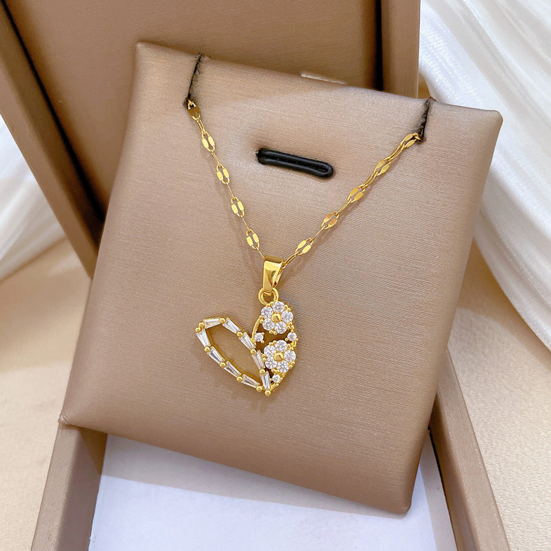 Sweet Minimalist Heart Geometric Rhinestone Titanium Steel Necklace for Unisex