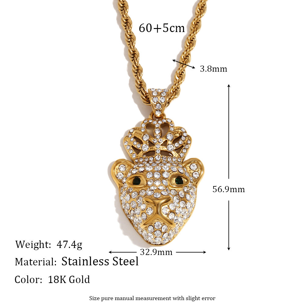 Hip Hop Style Monkey Pendant Necklace for Men Stainless Steel with 18K Gold Plating and Full Rhinestone Crown Design on Twisted Chain