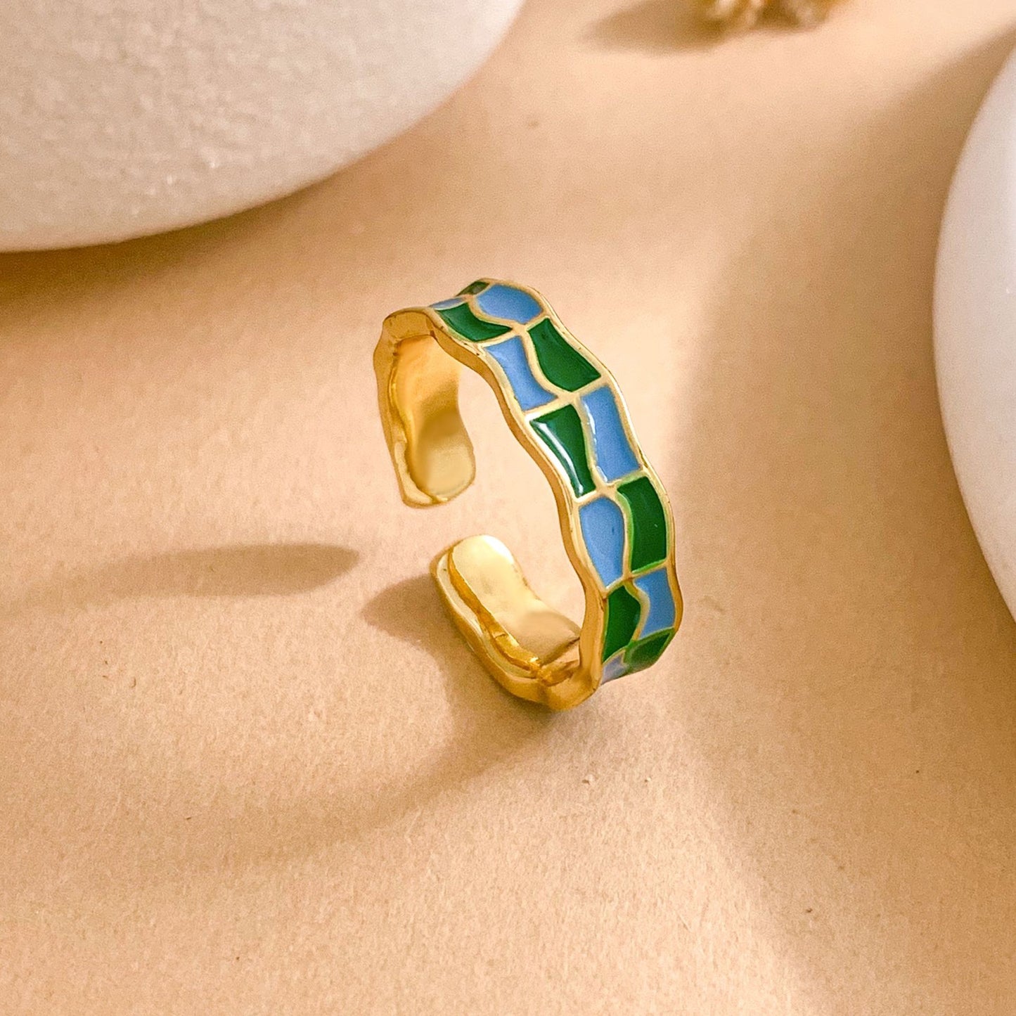Sweet Checkered Enamel Gold Plated Brass Geometric Open Ring for Women