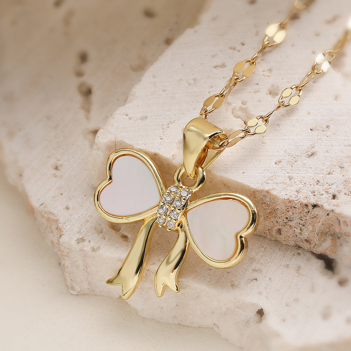 Minimalist Gold Plated Brass Bow Pendant Necklace with Cubic Zirconia for Women