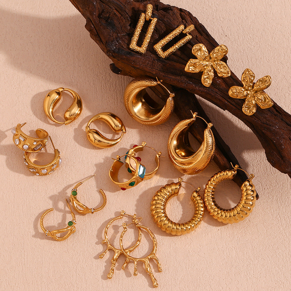 Vintage-Inspired Geometric Stainless Steel Earrings with 18K Gold Plating for Women