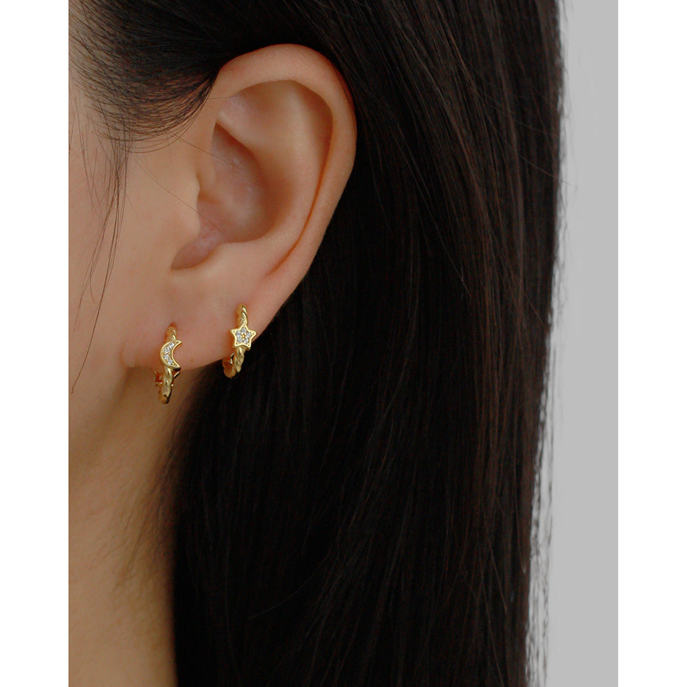 Dulces Pendientes de Aro Geométricos de Plata de Ley 925 con Diseño de Estrella y Luna y Diamantes para Mujer