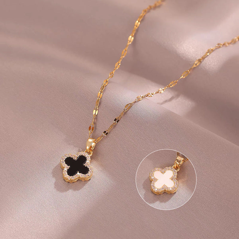 Elegant Four-Leaf Clover Pendant Necklace for Women in Titanium Steel with Plated Finish, Minimalist Clavicle Chain for Summer Layering