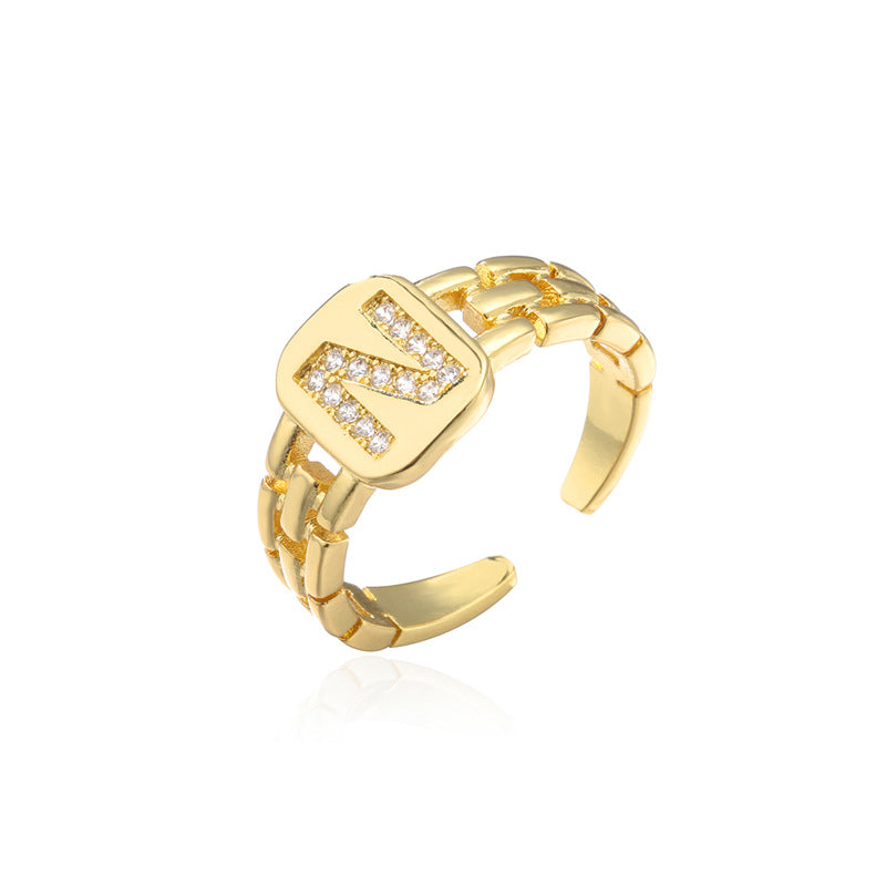 Minimalist Letter Shape Copper Ring with Micro-Pavé Setting Adjustable Geometric Band