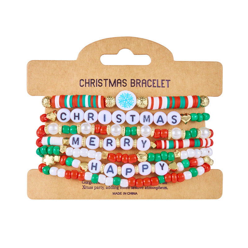 Handmade Polymer Clay Christmas Bracelet Set with Alphabet and Tree Beads Alloy Chain for Women Festive Holiday Gift