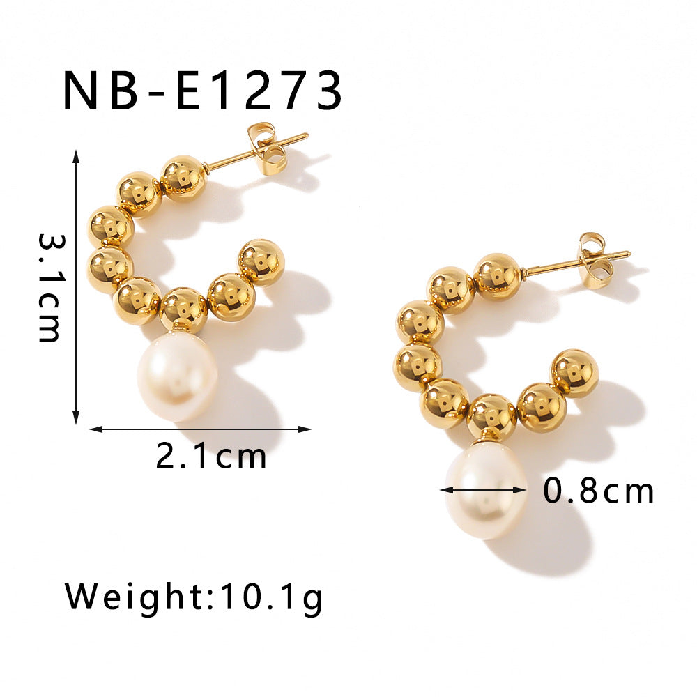 Vintage French Style Geometric C-Shaped Stainless Steel Earrings with Pearl Inlay Plated in 18K Gold for Women