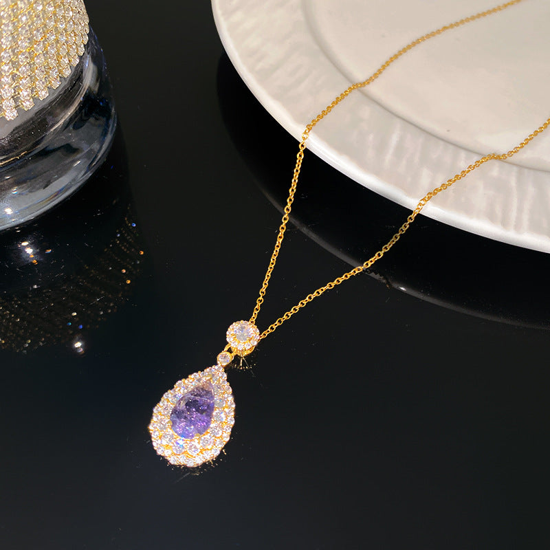 Sweet Sporty Purple Teardrop Heart Crystal Pendant Titanium Steel Necklace Cable Chain