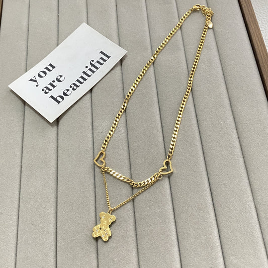 Cute Minimalist 18K Gold Plated Titanium Steel Micro-set Cubic Zirconia Bear Pendant Necklace with Tassel