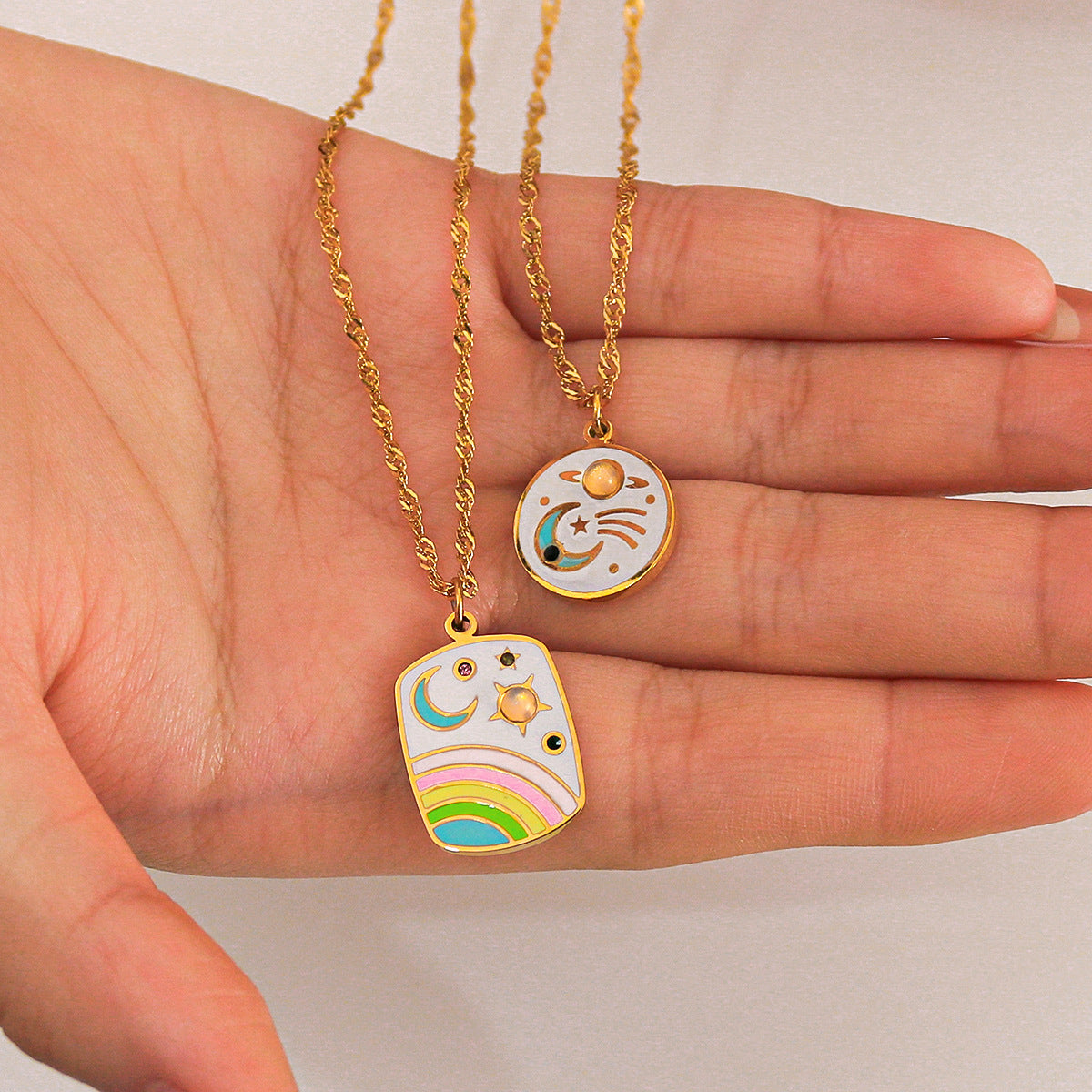 Vintage Stainless Steel Enamel-Painted Star and Moon Pendant Necklace with Cat's Eye Inlay for Women