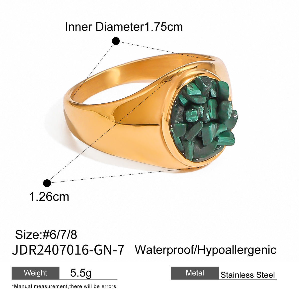Square Plated Stainless Steel Ring with Natural Gemstone for Women