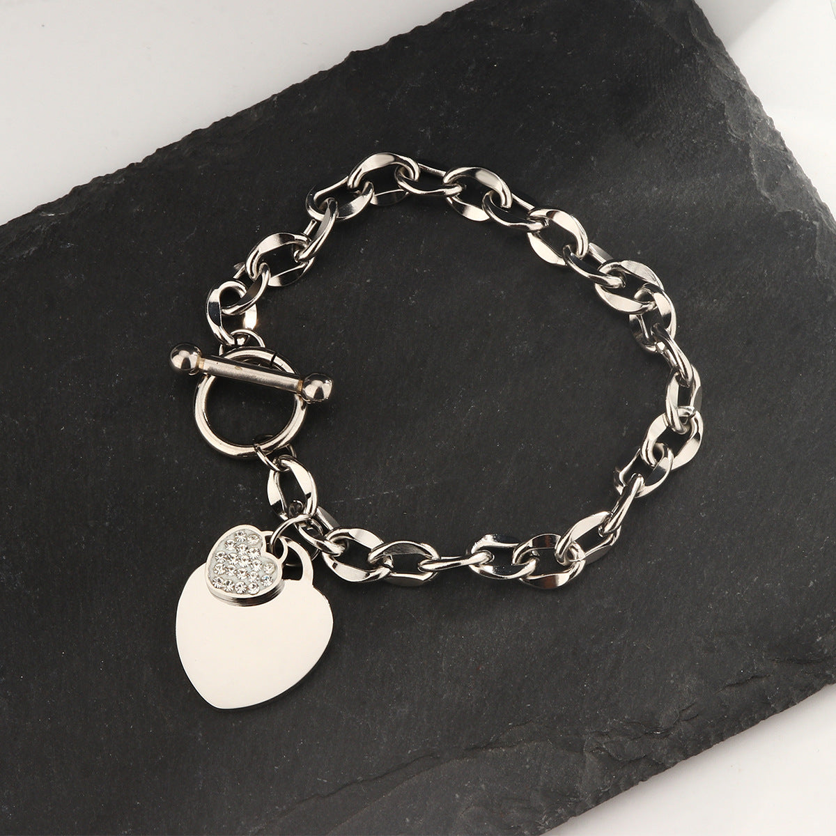 Elegant Titanium Steel Heart Bracelet with Cubic Zirconia and OT Clasp for Women