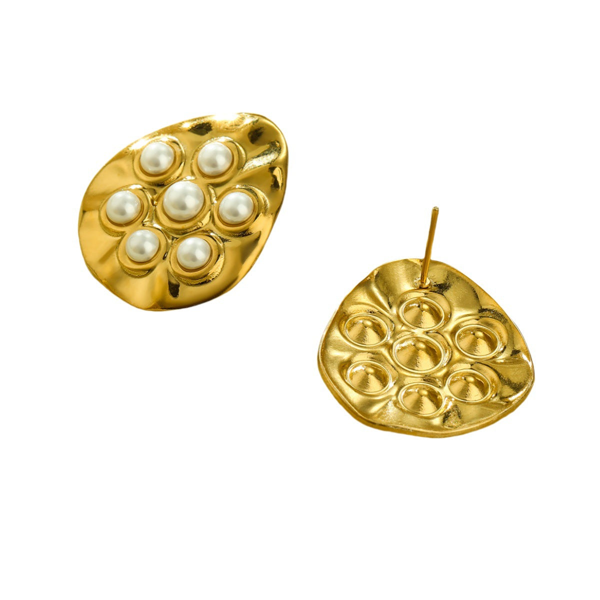 Pendientes geométricos redondos irregulares de estilo vintage en acero inoxidable con baño de oro de 18 quilates e incrustación de perlas