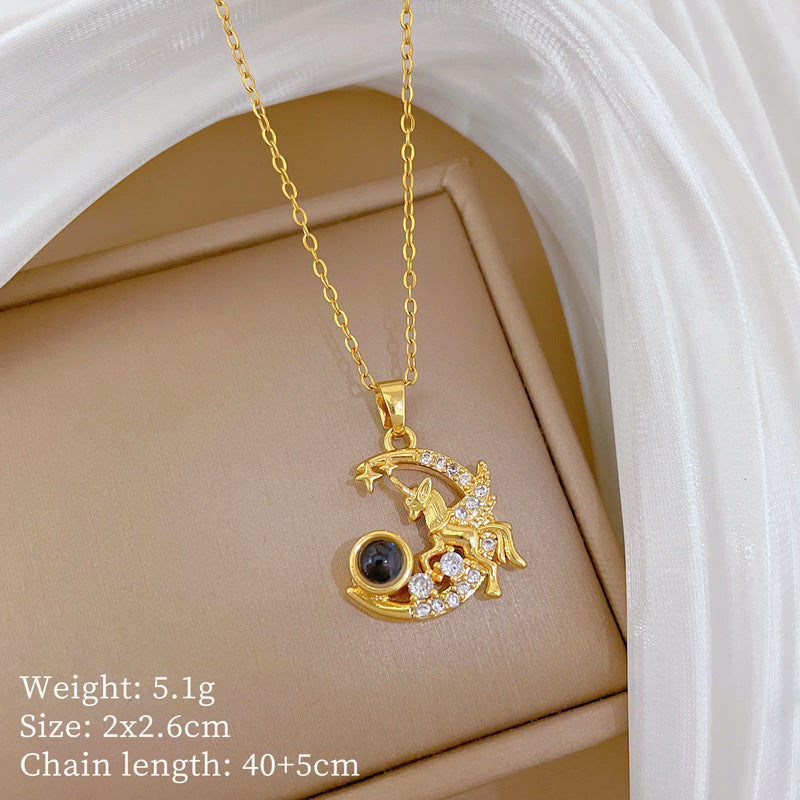 Sweet Cartoon Animal Micro-Inlaid Cubic Zirconia Brass Pendant Titanium Steel Necklace for Unisex