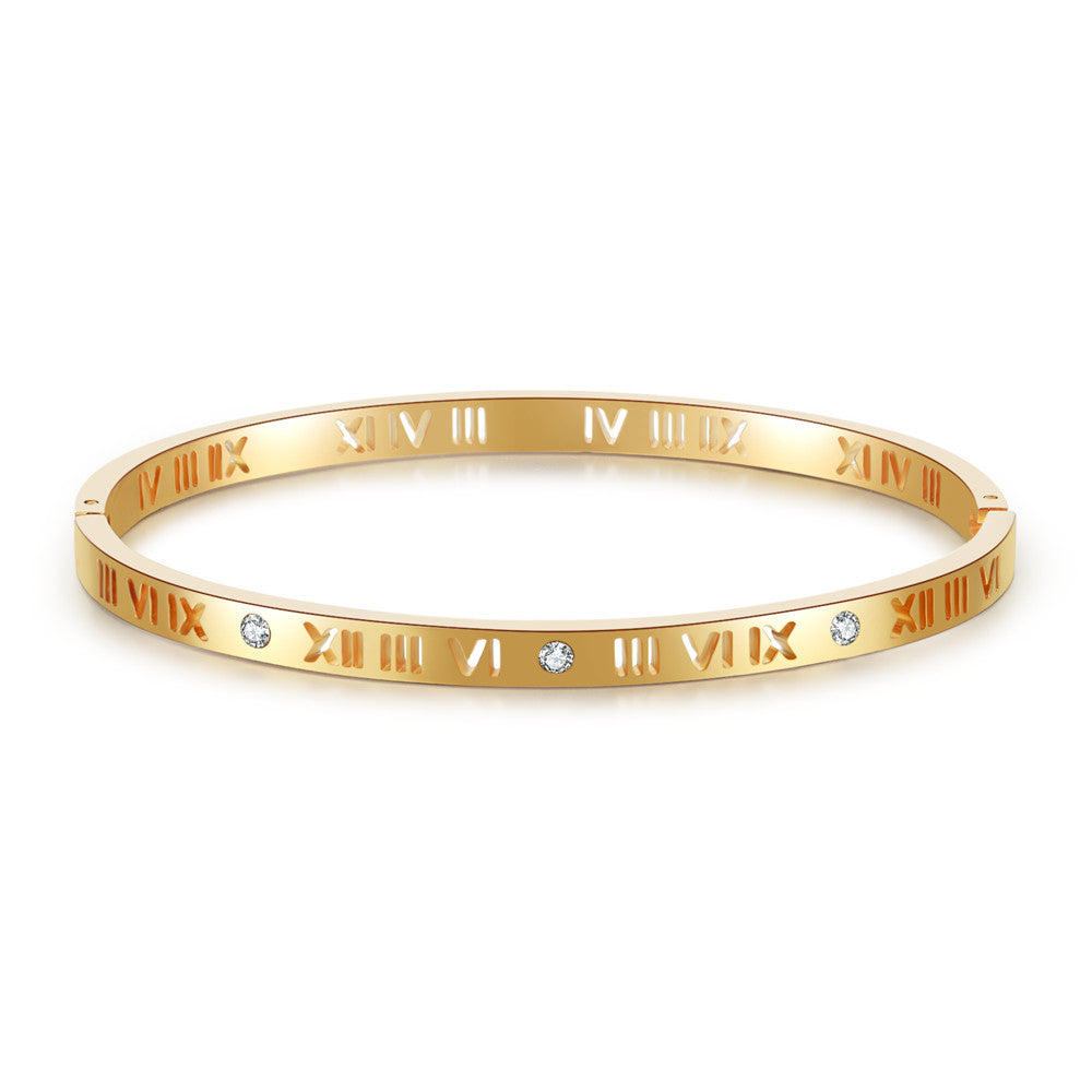 Minimalist Hollow Titanium Steel Roman Number Bracelet with Rhinestone Inlay for Unisex