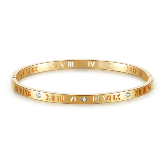 Minimalist Hollow Titanium Steel Roman Number Bracelet with Rhinestone Inlay for Unisex