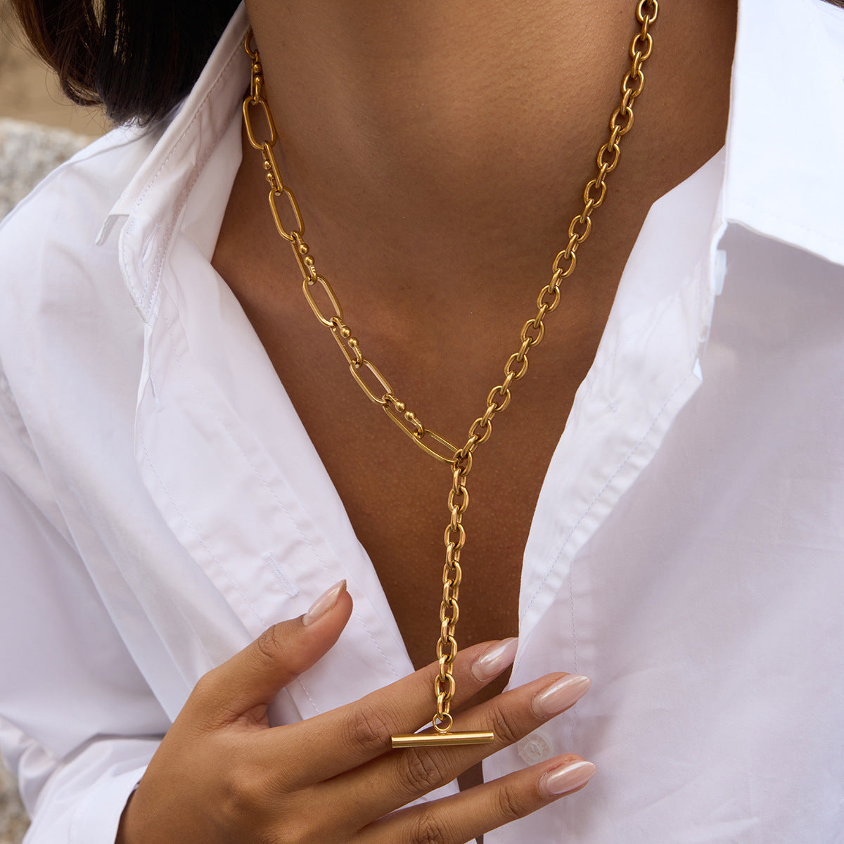 Collana a Y geometrica minimalista di lusso placcata oro 18 carati, catena multistrato in acciaio inossidabile da donna