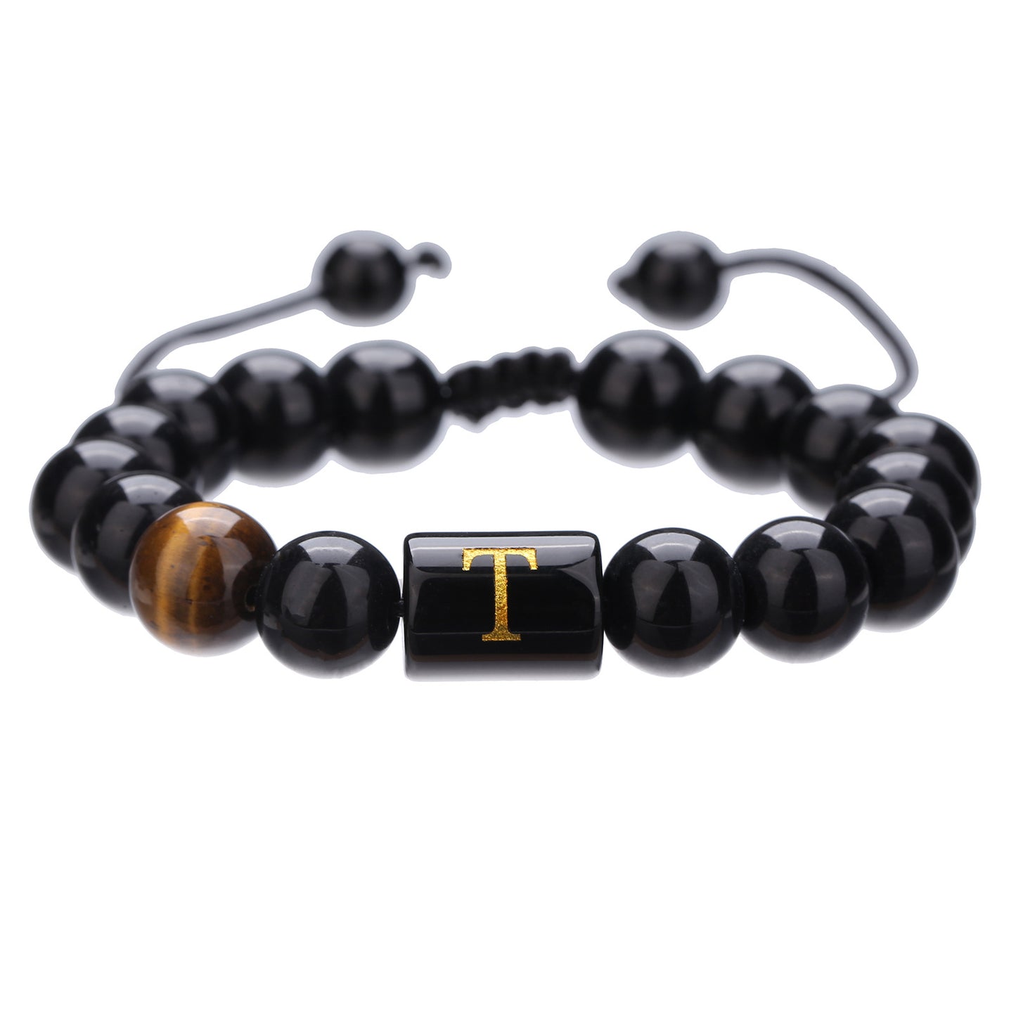 10mm Round Agate Beaded Bracelet with Alphabet Letters Adjustable Unisex