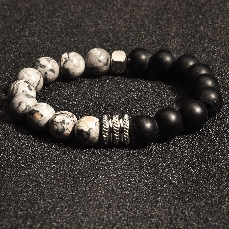 Geometric Stainless Steel Men's Bracelet with Tiger Eye Volcanic Map Stone Beads