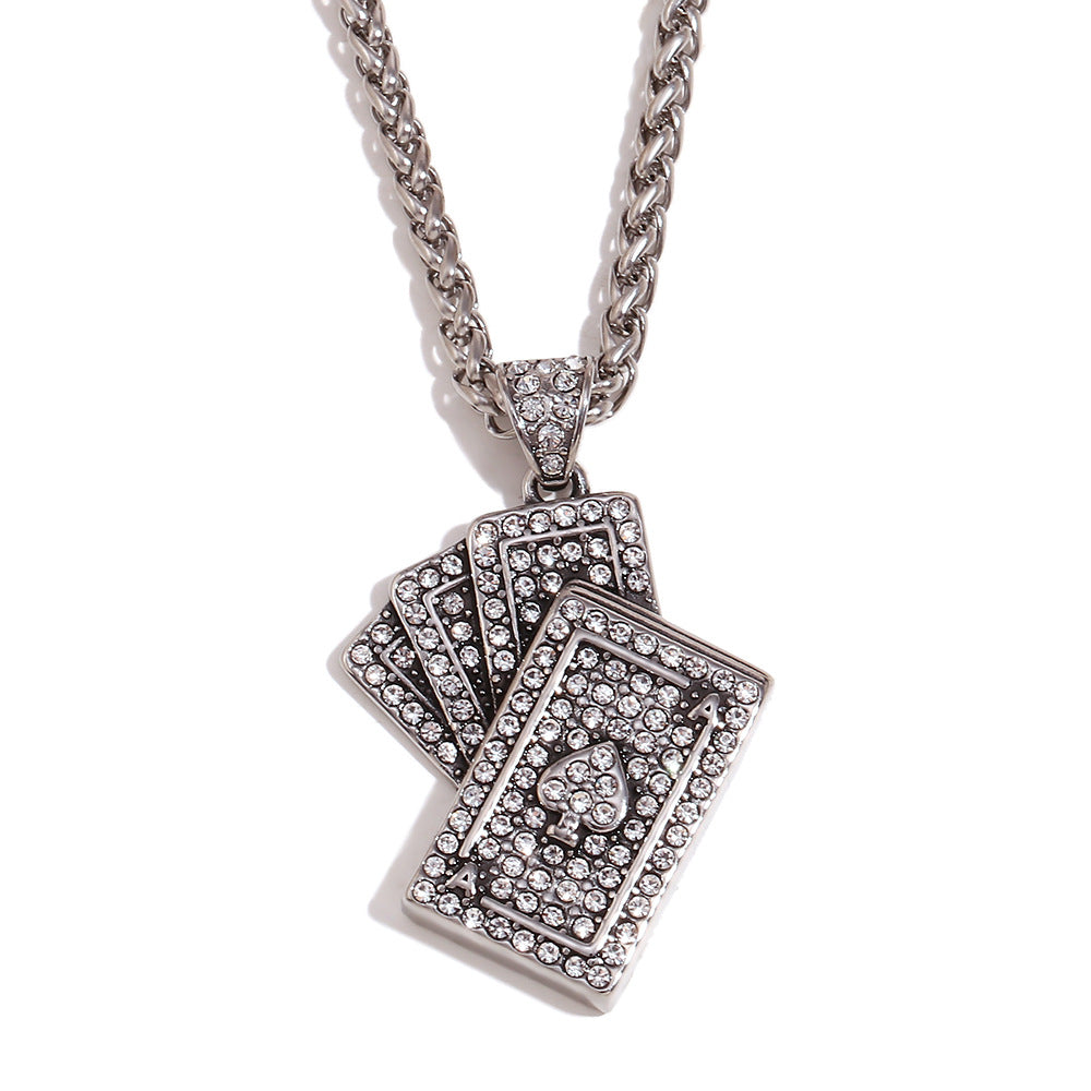 Minimalist Poker Card Pendant Necklace for Women Stainless Steel with 18K Gold Plating and Full Rhinestone Inlay on Adjustable Chain