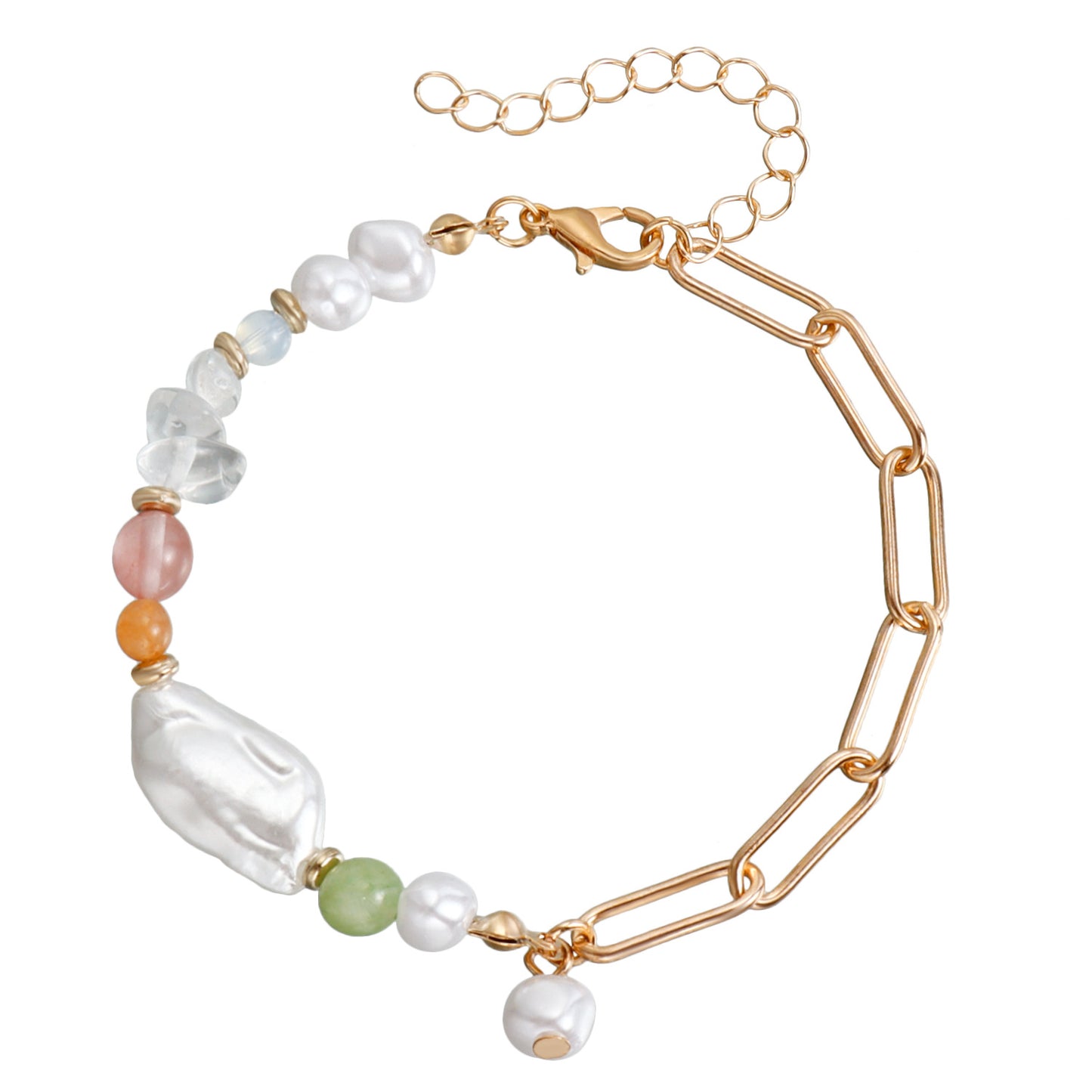 Fashion Minimalist Geometric Beaded Necklace with Imitation Pearls and Plated Metal Chain for Women