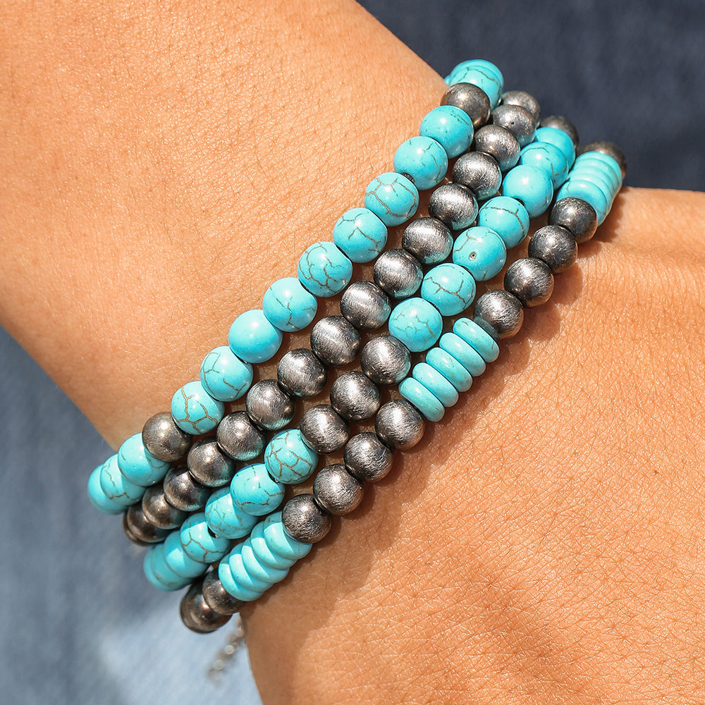 Vintage Textured Tin CCB Beaded Bracelet with Turquoise Stones for Women