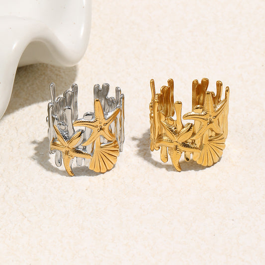 Minimalist Starfish and Scallop Open Ring in Stainless Steel with 18K Gold Plating for Women