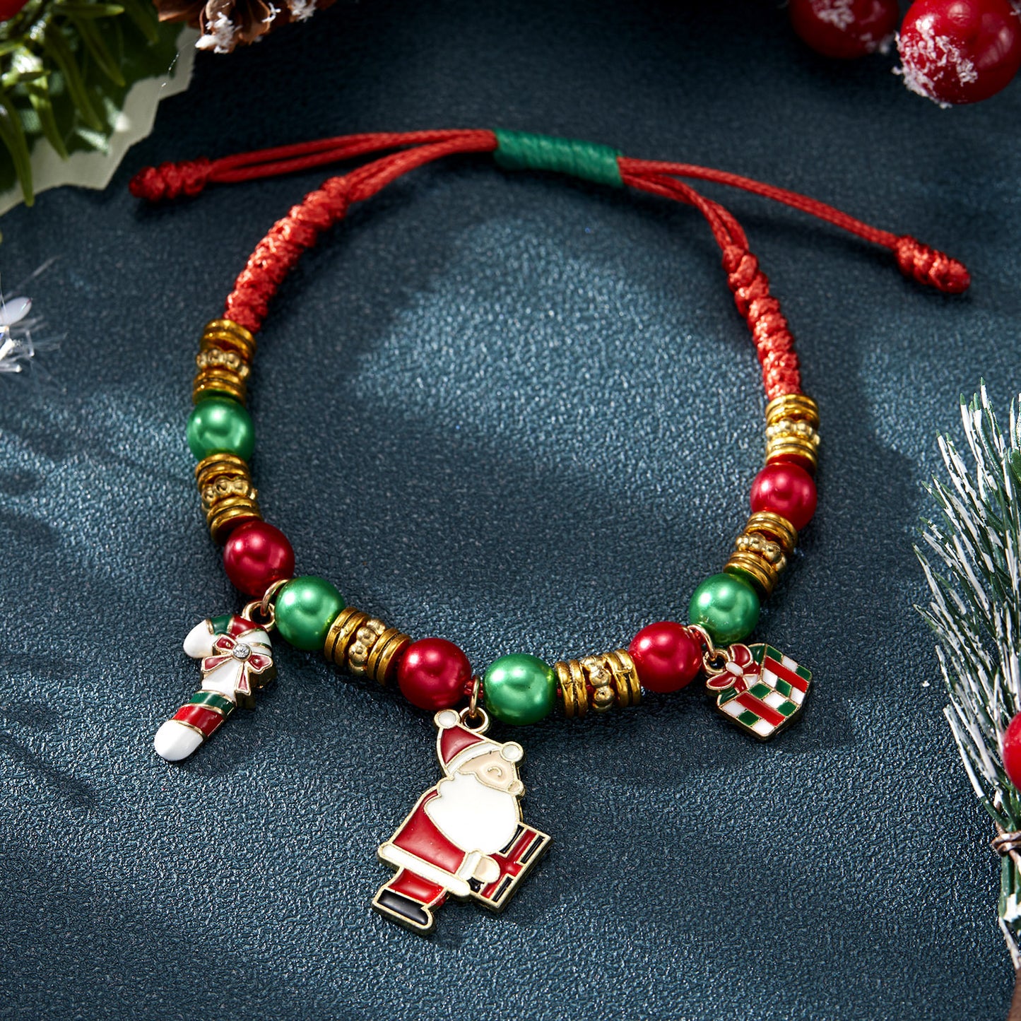 Pulsera de Navidad Ajustable Hecha a Mano con Dijes de Papá Noel y Copo de Nieve, Diseño Geométrico de Aleación, Accesorio Festivo para Fiestas