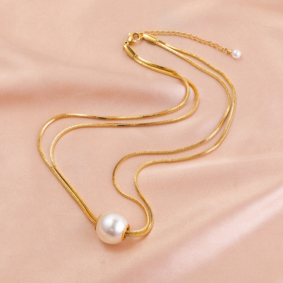 Luxury Elegant Teardrop Round Pearl Titanium Steel Snake Chain Necklace for Women