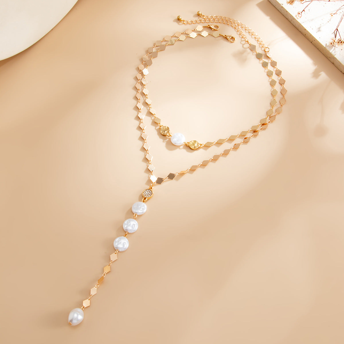 Geometric Rhinestone Faux Pearl Tassel Necklace Brass Plated Cable Chain Women's Jewelry