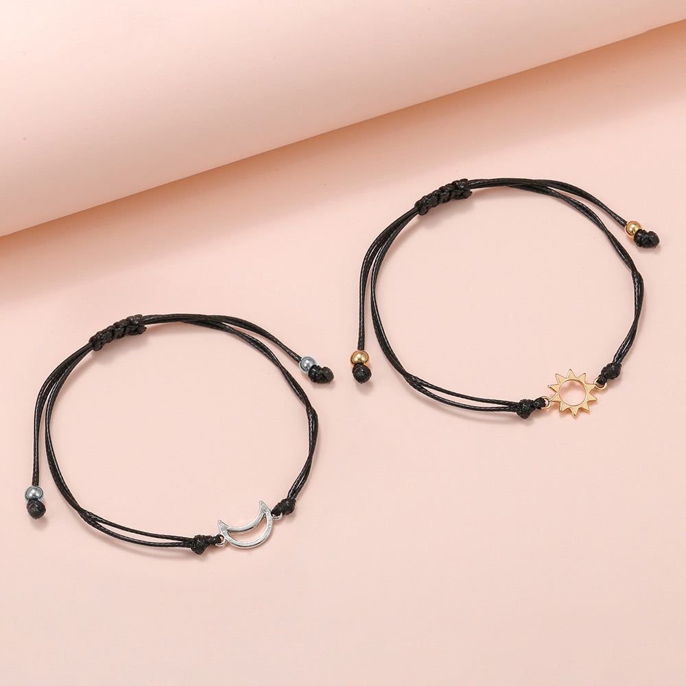 Two-Tone Gold and Silver Geometric Sun and Moon Woven Adjustable Bracelet