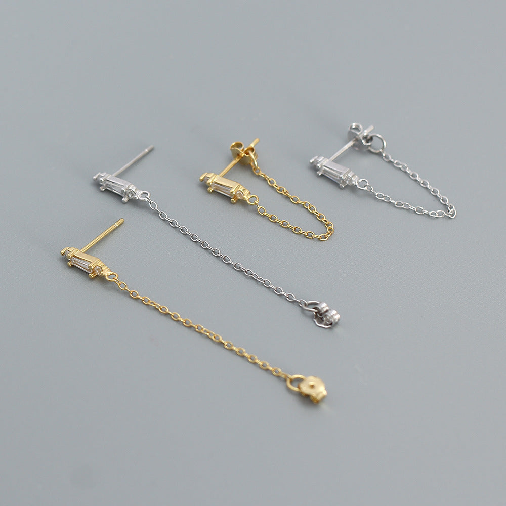 Orecchini a Catena Pendente con Inlay in Zirconia Cubica in Argento Sterling 925 Geometrici da Donna