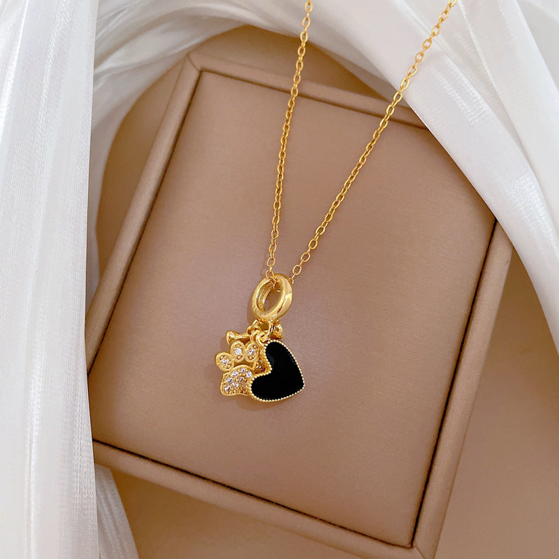 Luxury Heart-Shaped Stainless Steel Necklace with Dog Paw Pendant and Rhinestone Inlay for Women