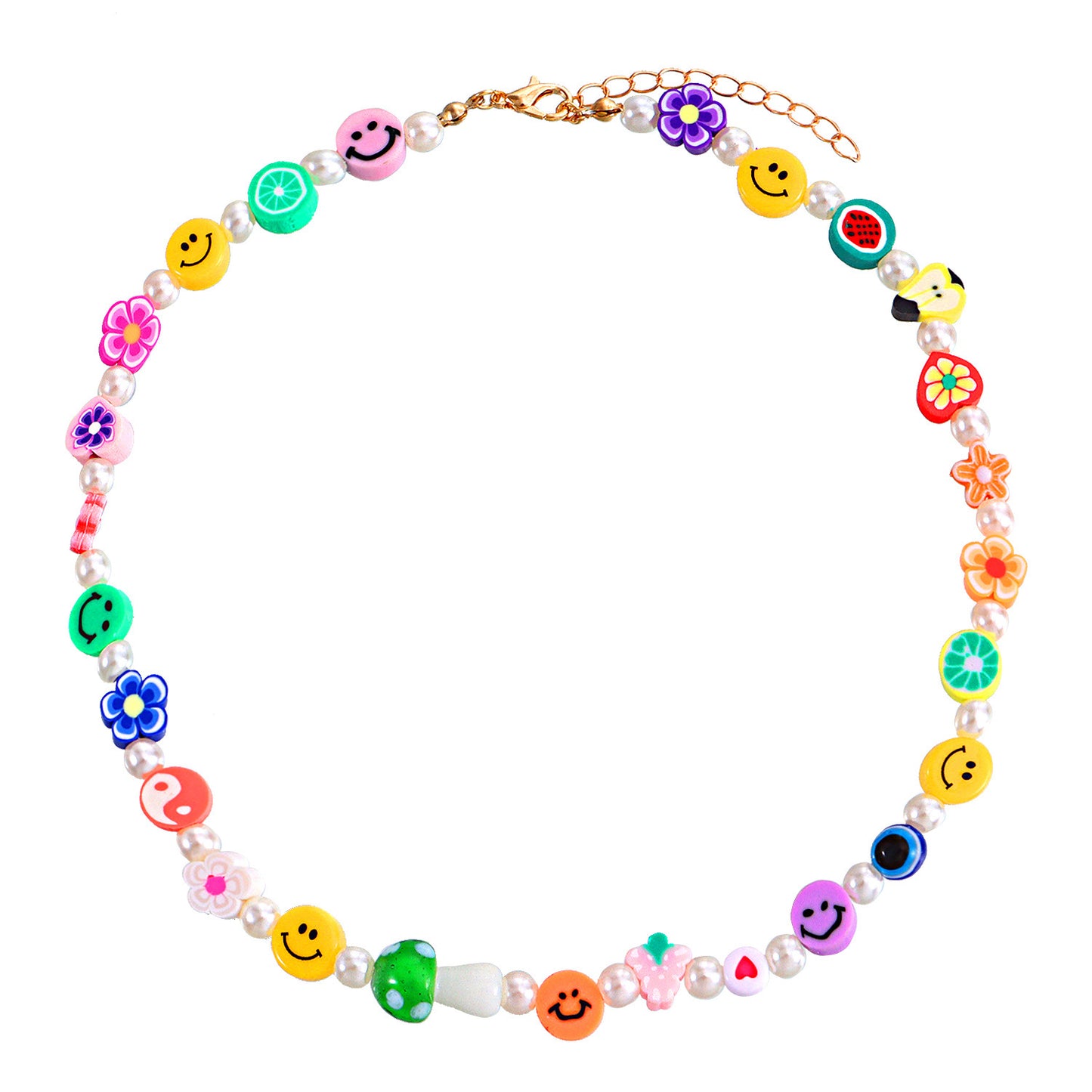 Fashion Pearl Necklace with Cartoon Fruit Shape Pendant, Soft Clay Smiley Design, Adjustable Cord Chain for Women