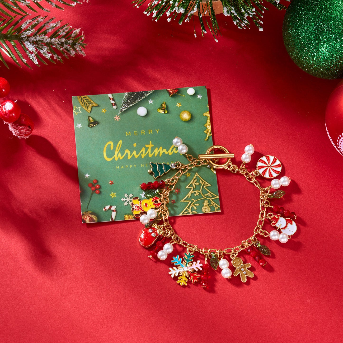 Pulsera de aleación con colgante creativo de hombre de jengibre y árbol de Navidad para mujer con motivos de copo de nieve, reno y Papá Noel