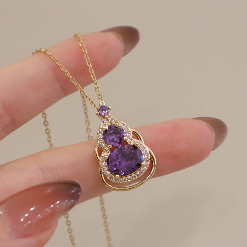 Minimalist Pink Crystal Gourd Pendant Necklace in Titanium Steel with Gold Plating on O-Chain for Women and Unisex Wear