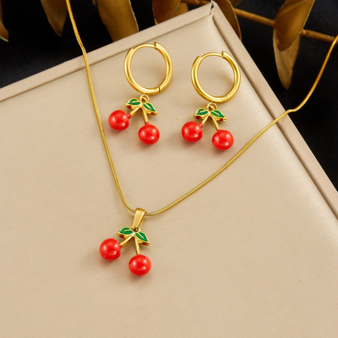 Sweet Drip Oil Cherry Fruit Plated Stainless Steel Necklace and Earring Set with Snake Chain