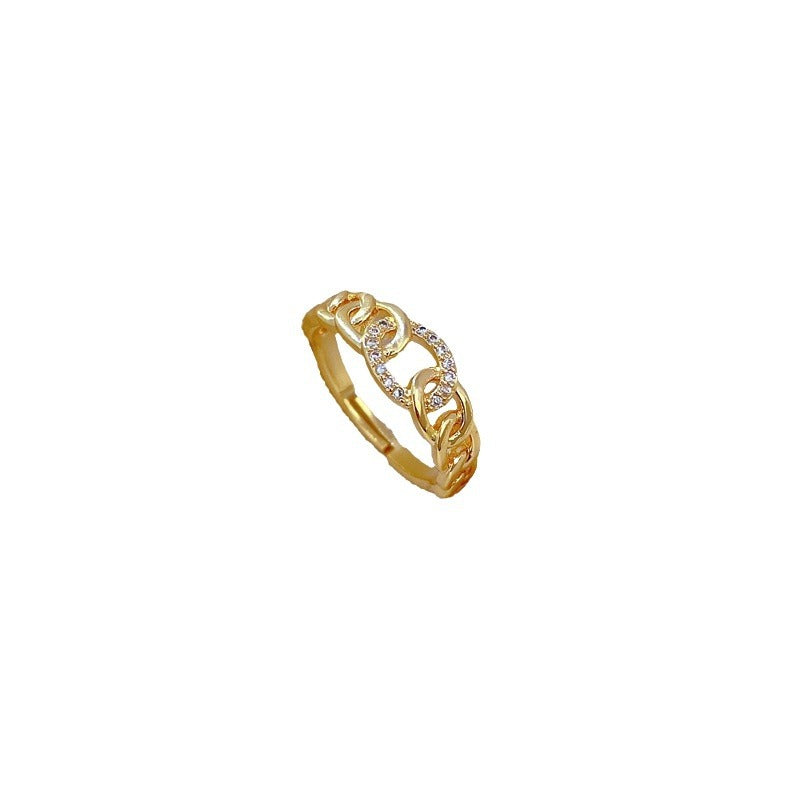 Anello a catena regolabile di lusso con intarsio completo di strass e design a corona per donna, gioiello da mano in stile giapponese minimalista