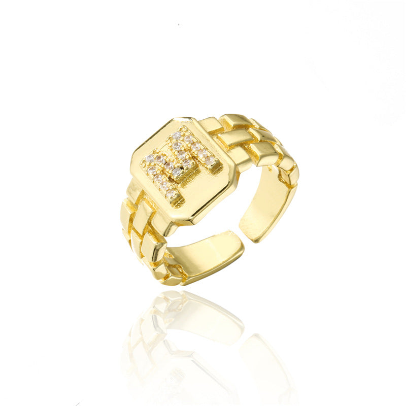 Minimalist Adjustable Open Ring with 18K Gold Plated Copper Band and AAA Zircon Letters Design