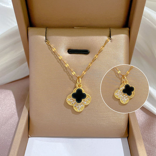 Collar con colgante de trébol doble capa de lujo para mujer en acero de titanio con incrustaciones de diamantes de imitación