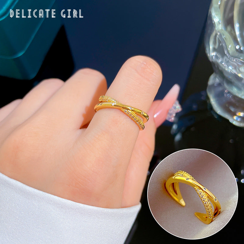 Luxury Minimalist Plated Brass Crown Rhinestone Adjustable Ring for Women