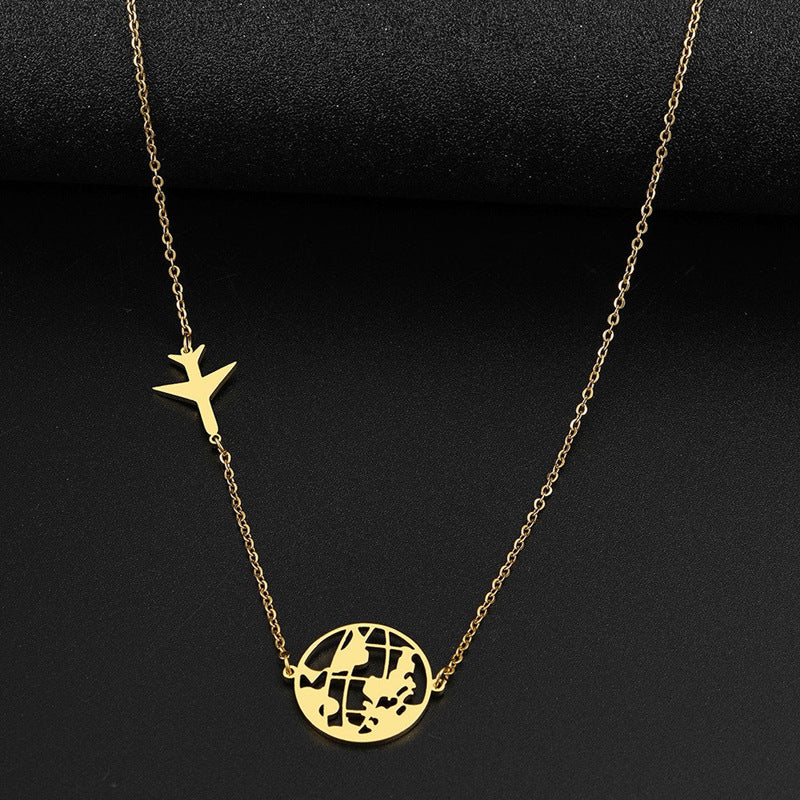 Minimalist Stainless Steel Airplane and World Map Pendant Necklace with Gold or Silver Plating
