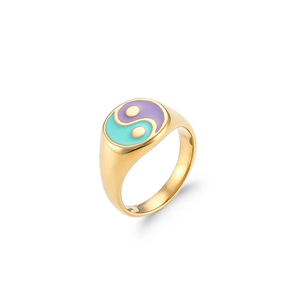 Anillo de acero de titanio con patrón geométrico de Tai Chi Bagua, chapado en oro de 18K, de lujo ligero para mujer