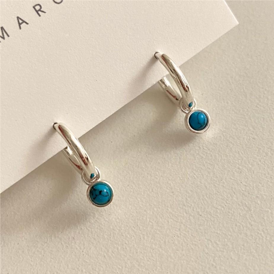 Minimalist Geometric Letter Shape 925 Sterling Silver Stud Earrings with Blue Turquoise Inlay for Women